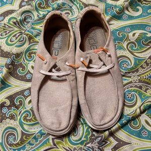 Hey Dude Wendy RoseChambray Sandshell Tan Canvas 
Slip-On Loafers Leather Sz 9
